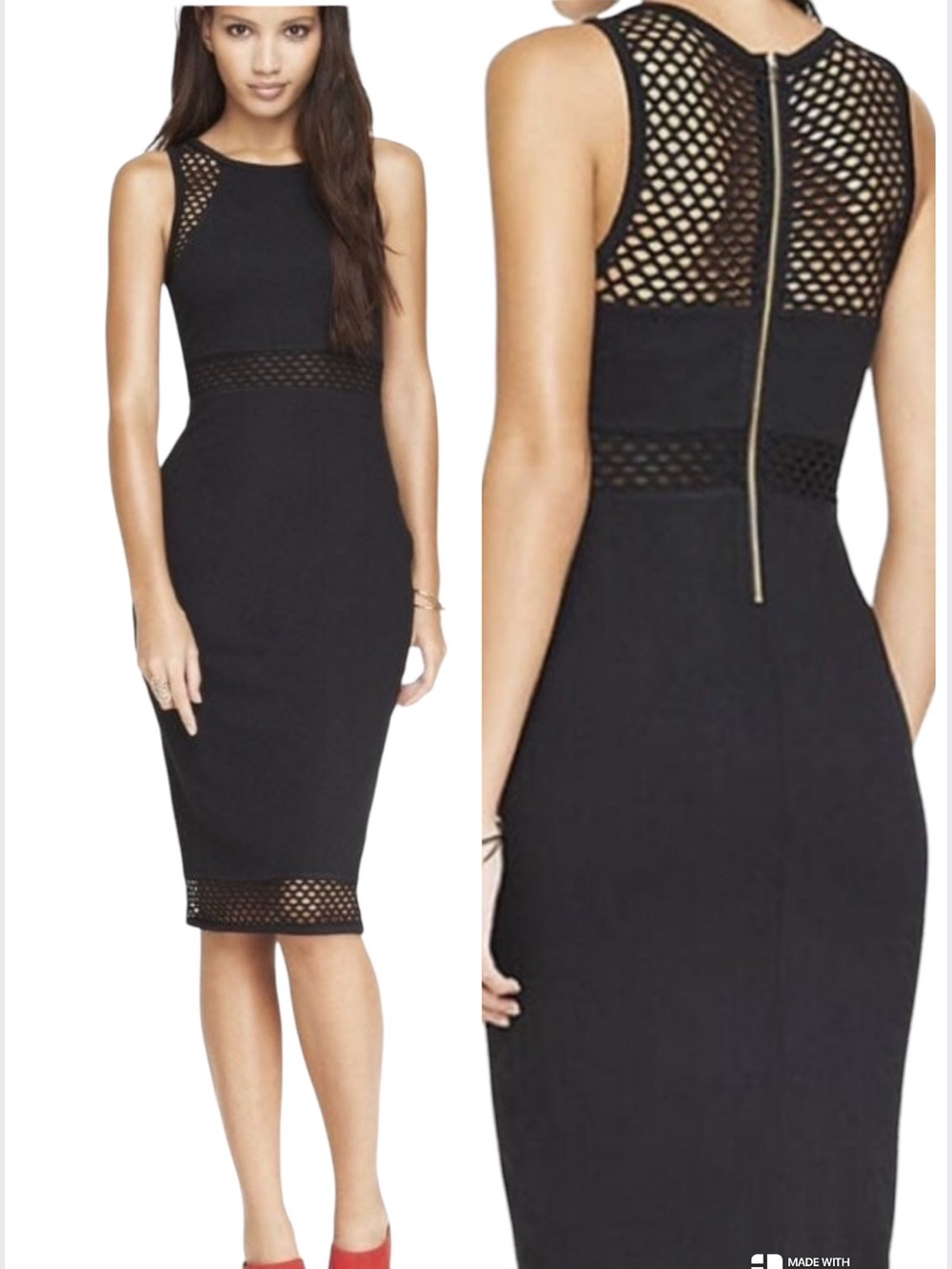 Express Mesh Midi Sheath Dress Size 8 Black Ponte Knit Edgy Dark Romantic Party